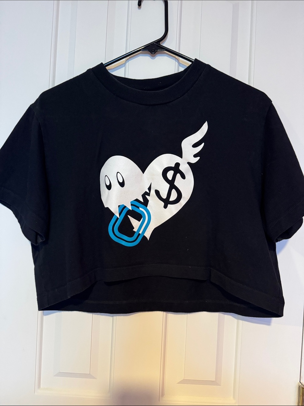Billionaire Boys Club Black Crop Tee with White Ghost Heart and Blue Accent